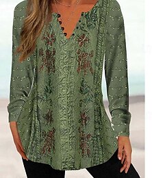 economico -Tunic da donna camicia modello Henley blusa tunica base floreale stampa bottoni manica lunga regolare tops colletto rotondo casual festa gialla rosa verde grigia azzurra primavera e autunno