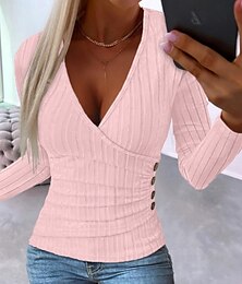 economico -Per donna Blusa Tinta unica Elegante Casual Manica Lunga Scollo a V Top Regolari Quotidiano Bottoni Nero Rosa Grigio Estate Primavera