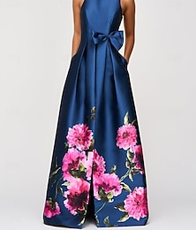 preiswerte -blaues A-Linien-Abendkleid, elegantes Kleid, formelle Hochzeit, bodenlang, ärmellos, hoher Halsausschnitt, Tasche, Satin mit Blumendruck 2025