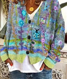 abordables -Femmes Pull Cardigan Mode Streetwear Occasionnel Fleuri Col en V Boutons Tricoté manche longue Hauts Réguliers Tricoter Extérieur Quotidien Week-end Rouge Bleu Automne Hiver