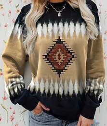abordables -Mujer Sudadera Graphic Geométrico Cálido Vintage Moda Manga Larga Cuello Barco Tops regulares Calle Uso Diario Casual Estampado Azul Piscina Caqui Primavera Otoño Invierno