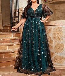 abordables -Vestido de Noche A-Line Vestido Elegante Formal Boda Largo hasta el Suelo Manga Corta Escote en V Tul con Pliegues