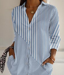 economico -Per donna Camicia A righe Attivo Quotidiano Elegante Manica Lunga Colletto a Camicia Top Regolari Quotidiano Ferie Bottoni Stampato Blu Viola Verde Cachi Grigio Primavera Autunno