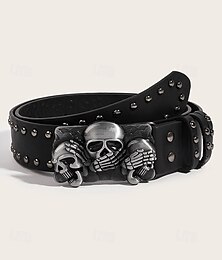 economico -Cintura da uomo in pelle con teschio borchiato e design a scheletro e ossa incrociate, stile gotico vintage per feste di Halloween, moda punk e abbigliamento casual
