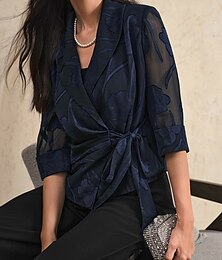お買い得  -女性用 シャツ ブラウス フラワー エレガント スタイリッシュ 七分袖 Ｖネック レギュラートップス ワーク 日常 前で結ぶ ドレッシーチュニック 非対称 ネイビーブルー 夏 春 秋