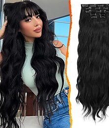 economico -Extension per capelli ondulati con clip da 20 pollici, 5 pezzi, spessi e morbidi pezzi di capelli sintetici, neri naturali, per testa intera, con clip, per donne, lunghi, voluminosi, facili da