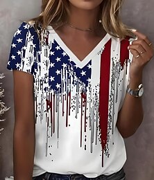 abordables -T Shirt Patriote Femme Imprimé Graphique Drapeau Drapeau Américain Vintage Élégant Classique Manches Courtes Col V Hauts Normaux Quotidien Imprimé Blanc Été Printemps