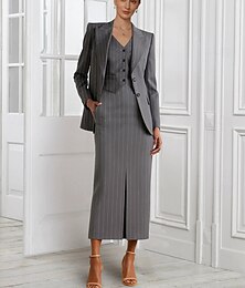 abordables -Ensemble de robe blazer pour mère de la mariée, fourreau à rayures fines / colonne 3 pièces, style décontracté, classique, revers en pointe, longueur au sol, tissu extensible, manches longues, avec