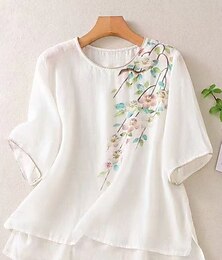 economico -Per donna Camicie di cotone e lino Floreale Elegante Essenziale Casual Manica 3/4 Girocollo Top Regolari Quotidiano Stampato Bianco Viola Cachi Estate