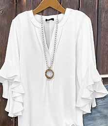 economico -Per donna Blusa Tinta unica Elegante Casual Manica 3/4 Scollo a V Top Regolari Quotidiano Volant Nero Bianco Rosa Verde militare Estate Primavera
