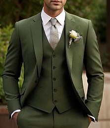 economico -Uomo Matrimonio Completi Verde militare Festa Formale Tinta unita Vestibilità standard 3 pezzi Monopetto Due Bottoni