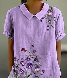 economico -Per donna Blusa Floreale Grafico 3D Vintage Tropicale Quotidiano Manica Corta Colletto a Camicia Collare Peter Pan Top Regolari Quotidiano Ferie Uscire Stampato Viola Estate Primavera Autunno