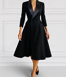 abordables -Robe blazer A-Ligne Robe mère de la mariée Robe de smoking Élégante Simple Minimaliste Col en V Col cranté Longueur thé Mi-longue Poches à rabat Crêpe extensible Manches 3/4 avec boutons cachés