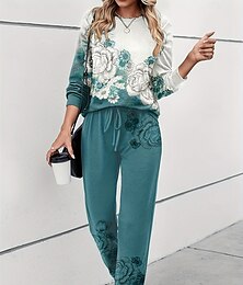 economico -Per donna Caldo Attivo Sport Tuta Set di Pantaloni Felpa Manica Lunga Girocollo Floreale Grafico Coulisse Stampato Sport all'Aperto Casuale Blu Viola Verde Autunno & Inverno Vestibilità regolare