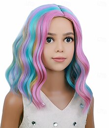 economico -Parrucca arcobaleno per bambini, corta, ondulata, colorata, multicolore, sintetica, per cosplay, feste di Halloween, costumi
