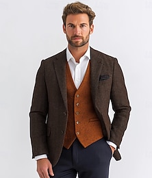 economico -Blazer in tweed da uomo, blazer in lana a spina di pesce, marrone, verde, grigio, stile retrò da ufficio, vestibilità standard, monopetto, due bottoni