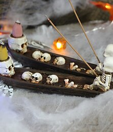 お買い得  -ハロウィーンのスケルトン釣り船の香炉、お化け屋敷の樹脂製の不気味な頭蓋骨の装飾、ハロウィーンパーティーのディスプレイ用のホラー雰囲気の庭の装飾