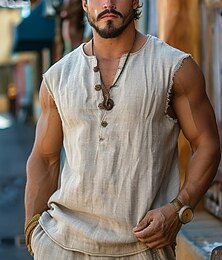baratos -Homens Camisa Henley Top de colete Regata de linho camisa sem manga Sem Manga Henley Verão Tecido Moda Designer Boêmio Botões Férias Casual Para Noite Preto Branco Rosa Top Tee para Homens