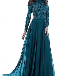 abordables -Robe mère de la mariée en A élégante fête encolure bateau longueur sol dentelle manches longues avec plis