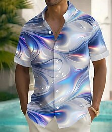 preiswerte -Herren Geometrisch Wellen Abstrakte Kunst Hemd Sommerhemd Knopfhemd Kurzarm Modisch lässig Urlaub Ferien Streetwear Sommer Umlegekragen 3D-Druck Eine Tasche vorne Leinenähnliches Hemd Blau