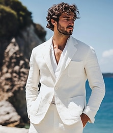 economico -Abiti da uomo in lino per matrimonio, bianchi, leggeri, semi-foderati, estivi, casual, tinta unita, vestibilità standard, 2 pezzi, monopetto, un bottone.