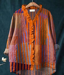 economico -Per donna Camicia Geometrico A righe Elegante Casual Manica Lunga Scollo a V Top Regolari Quotidiano Bottoni Stampato Rosso Blu Viola Estate Primavera