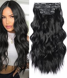 baratos -extensões de cabelo com clipe 4 peças longas onduladas cabelo preto natural extensões sintéticas com clipe 22 polegadas para mulheres #1b