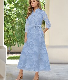 economico -Abito camicia in pizzo floreale A-Line abito madre della sposa elegante semplice minimalista scollatura a V colletto camicia lunghezza alla floor maniche 3/4 con fiocchi