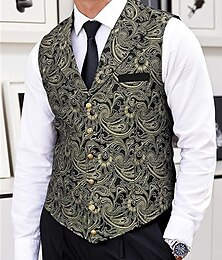 billiga -Herr Väst Gilet Semester Fest Företag Mode Ledigt Vår Höst Ficka Knappar Polyester Bekväm Mönster Enkelknäppt med Ett Knapphål Kavajslag Normal Svart Gul Väst