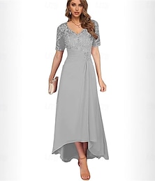 voordelige -A-lijn Moeder van de bruid jurk Elegant Eenvoudig V-hals Asymmetrisch Chiffon Korte mouw met Effen kleur 2025