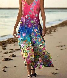 preiswerte -Damen Langes Kleid Maxikleid Freizeitkleid Trägerkleid Sommerkleid afrikanisch Täglich Ferien Strand Normale Passform Blumen Farbblock Ärmellos V Ausschnitt Gelb Rote Königsblau Blau Sommer