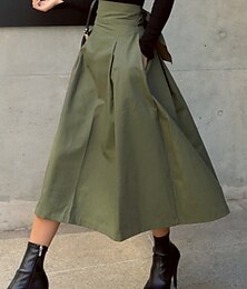 abordables -Femmes Jupe Trapèze Mode Occasionnel Maxi Taille haute Jupes Uni Avec Poches Micro-Élastique Rue Quotidien Noir Vert Véronèse Kaki Été Polyester Mélange de coton