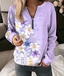 abordables -Mujer Sudaderas con cremallera Floral Graphic Casual Manga Larga Cuello Barco Tops regulares Calle Uso Diario Media Cremallera Estampado Rosa Azul Piscina Morado Verde Trébol Otoño Invierno