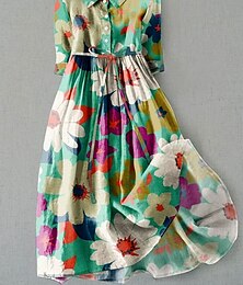 abordables -Femmes Robe Midi Robe fourreau Occasionnel Quotidien Coupe régulière Fleuri Graphique Demi Manches Col de chemise Rose Claire Bleu Vert Abricot Été Printemps