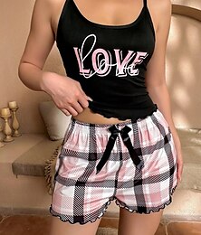 billiga -Dam Pyjamas set Ledigt Komfort Hjärta Rutnät / Pläd Bokstav Elastisk midja Strap Top Shorts Hem Dagligen Ärmlös remmar Svart Vit Guld Brun Sommar Normal