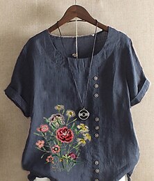 abordables -Mujer Camisas de algodón y lino Floral Graphic Elegante Diario Básico Manga Corta Cuello Barco Tops regulares Diario Festivos Ropa de vacaciones Botones Verde Hierba Blanco Amarillo Verde Ejército