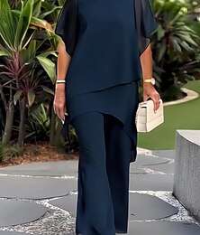 abordables -Femmes Élégant Mode Streetwear Ensembles de Pantalons Manche Courte Col ras du cou Couleur Unie Superposé Occasionnel Quotidien bleu marine Printemps Coupe régulière