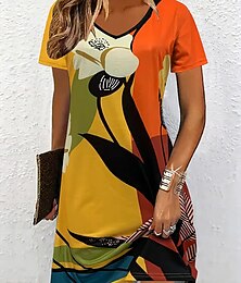 billige -Dame Mini kjole T skjortekjole Solkjole Sommerkjole Ferie Fritid Strandstil Daglig Ut på byen Normal Blomstret Grafisk Geometrisk Kortermet V-hals Gul Blå Lilla Oransje Sommer