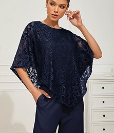 economico -Per donna Blusa Top eleganti Liscio Elegante Mezza manica Girocollo Top regolari Invitati del matrimonio Giornaliero Pizzo Collage Multistrato Blu marino Estate Primavera