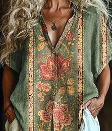 economico -Per donna Camicia Floreale Grafico Bohemien Vintage Tropicale Manica Corta Colletto a Camicia Top Regolari Quotidiano Rosa Rosso Marrone chiaro Arancione Verde Estate Primavera
