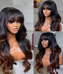 cheap -Human Hair 5x5 Closure 13x4 Lace Front Wig With Bangs Brazilian Hair Wavy Brown Multi-color Wig 130% 150% Density Ombre Hair 100% Virgin Glueless Pre-Plucked For Women Long Human Hair Lace Wig