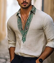 economico -Per uomo Camicia Camicia di lino Camicia casual Camicia con Bottoni Camicia di cotone Ricamo Vacanza Camicia hawaiana Beige Manica Lunga Bavero Primavera Autunno Abbigliamento Etnico / religioso
