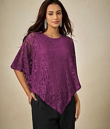 abordables -Mujer Blusa Tops elegantes Plano Elegante Media Manga Cuello Barco Tops regulares Invitado a la boda Diario Encaje Retazos Multi capa Morado Verano Primavera