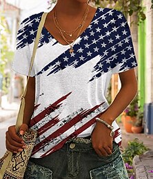 abordables -T-shirt patriotique féminin graphique drapeau américain vintage élégant classique à manches courtes col en V tops réguliers impression quotidienne week-end blanc été printemps
