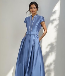 preiswerte -A-Linie Abendkleid elegantes Kleid formelle Hochzeit bodenlang Kurzarm Hemdkragen Satin mit Falten Kristalle Seitentaschen 2025