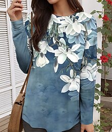 abordables -Mujer Camiseta Floral Graphic Plantas Vintage Moda Casual Manga Larga Cuello Barco Tops largos Diario Fin de semana Estampado Rojo Azul Piscina Morado Verde Trébol Primavera, Otoño, Invierno, Verano