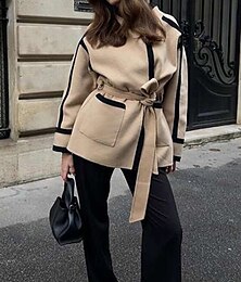 abordables -Mujer Abrigo de invierno Mantiene abrigado Cómodo Acordonado Bolsillo Moda Exterior Retazos Exterior Fin de semana Frente Abierto Regular Escote Chino Ajuste regular Manga Larga Ropa de calle