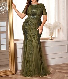 economico -Abiti taglia plus sirena  tromba abito elegante curvy matrimonio formale lunghezza fino al pavimento manica corta collo a giro poliestere con paillettes