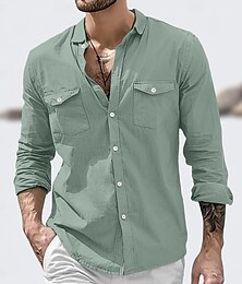 economico -Per uomo Camicia Camicia di lino Camicia Estiva Abbigliamento da spiaggia Camicia con Bottoni Tinta unica Vacanza Streetwear Bianco Verde Cachi Azzurro Manica Lunga Collo ripiegato Estate