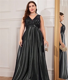 abordables -Vestidos en A Línea Talla Grande Elegante Vestido Curvas Formal Boda Largo Sin Mangas Escote en V Satén Espalda en V con Pliegues